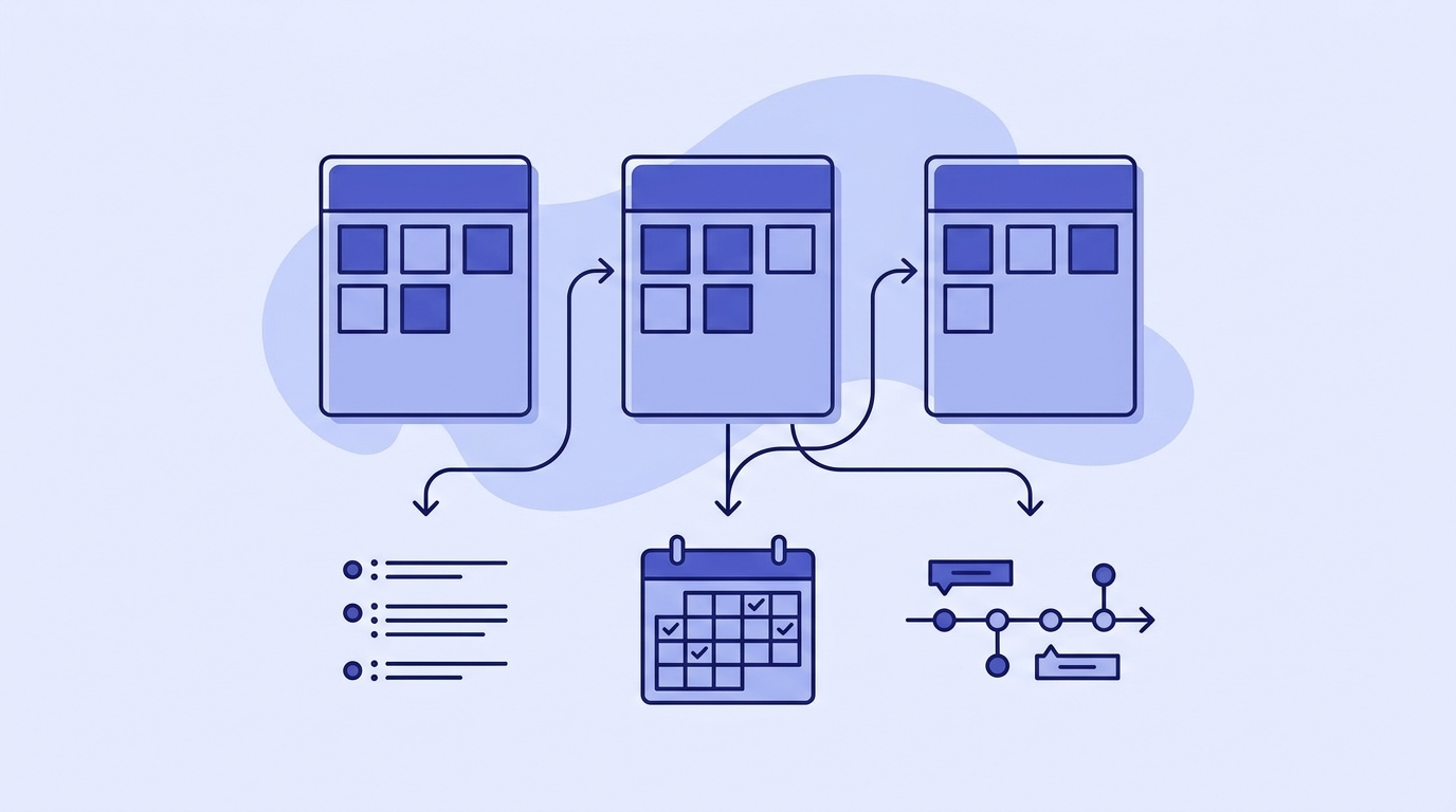 Colonnes kanban se transformant en vues liste, calendrier et chronologie