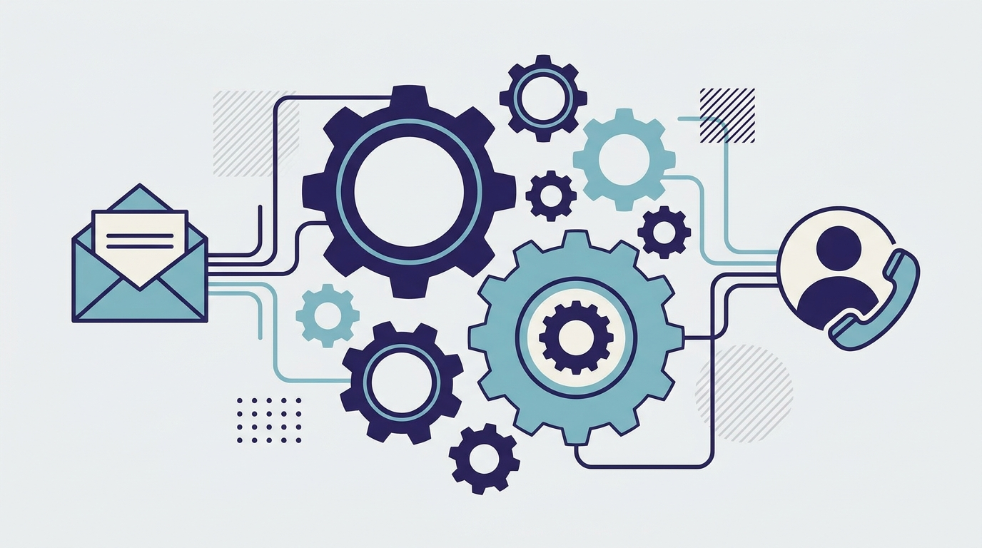 Rouages connectés à des icônes d'e-mail et de contacts illustrant l'automatisation marketing