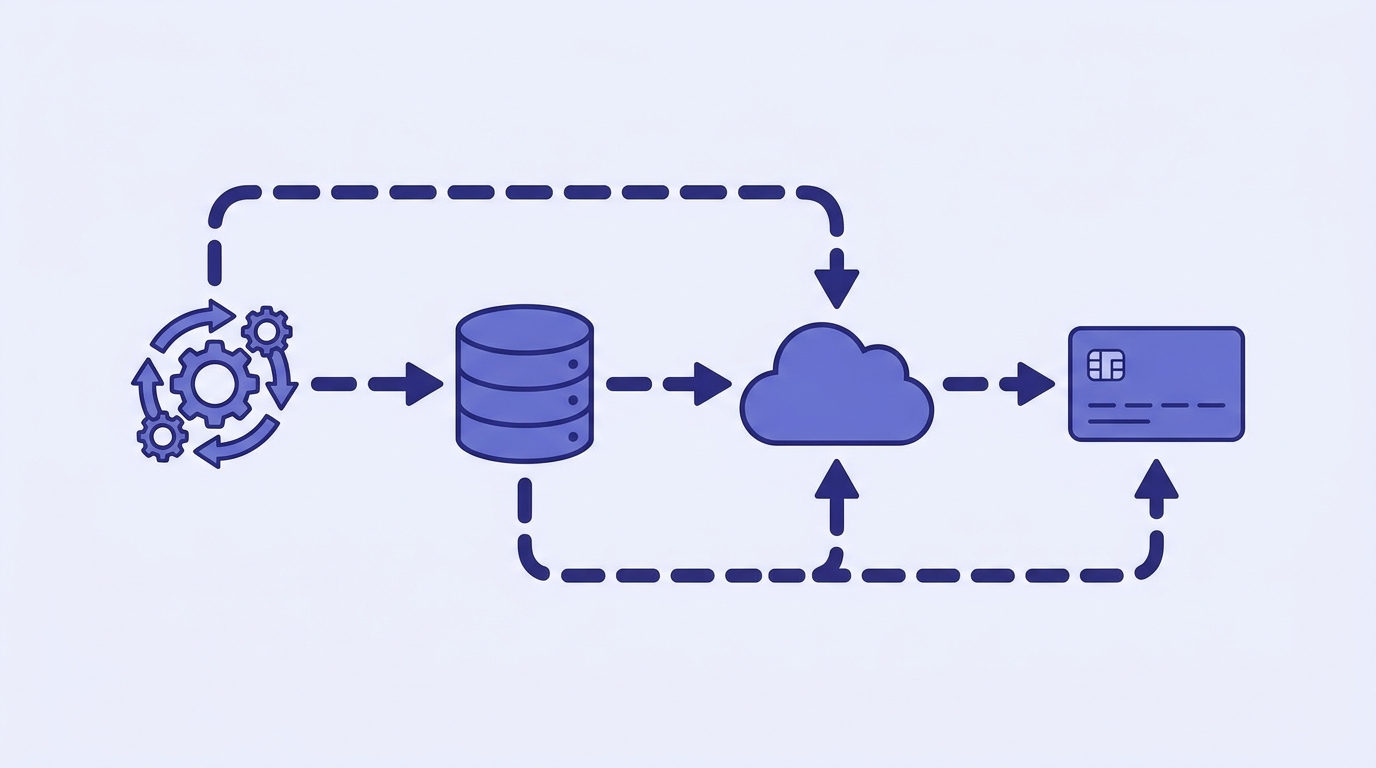 Schema d'architecture SaaS reliant API, base de donnees, cloud et paiement