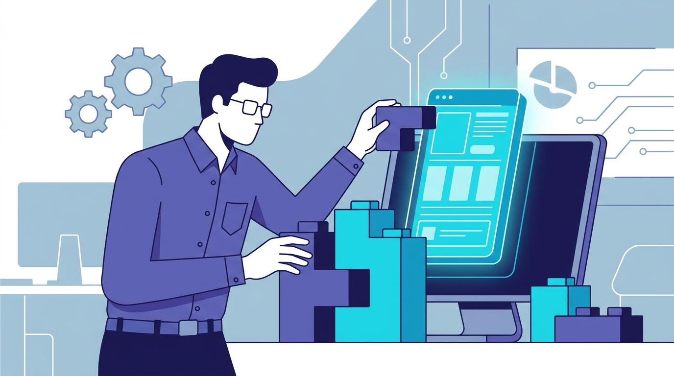 Developpeur assemblant des briques modulaires pour construire une application SaaS