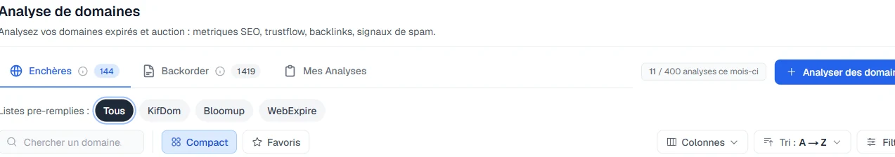 Outil d'analyse de domaines expirés LinkQuiver : enchères, backorder