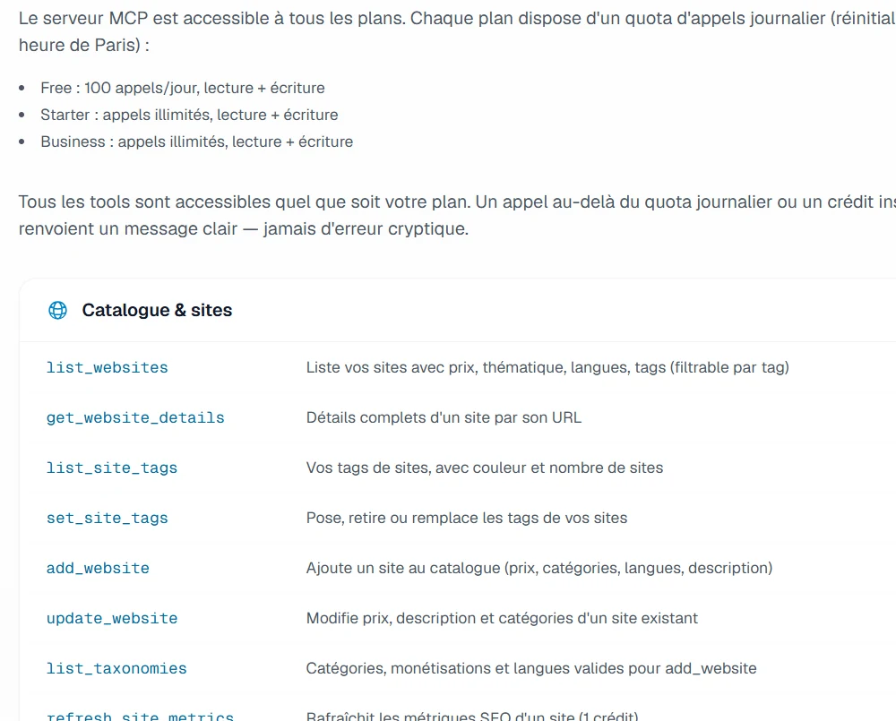 Une partie des 72 tools que l'agent MCP peut appeler