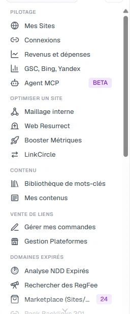 Les modules de LinkQuiver : parc de sites, boosts, domaines expirés, MCP, marketplace