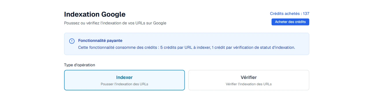 Module d'indexation Google de LinkQuiver : indexer ou vérifier
