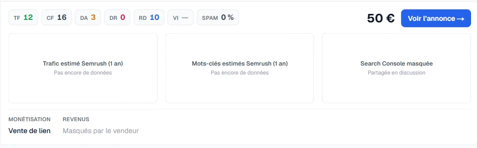 Métriques et prix d'une annonce sur le marketplace